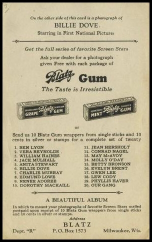R197 1928 Blatz Gum Favorite Screen Stars